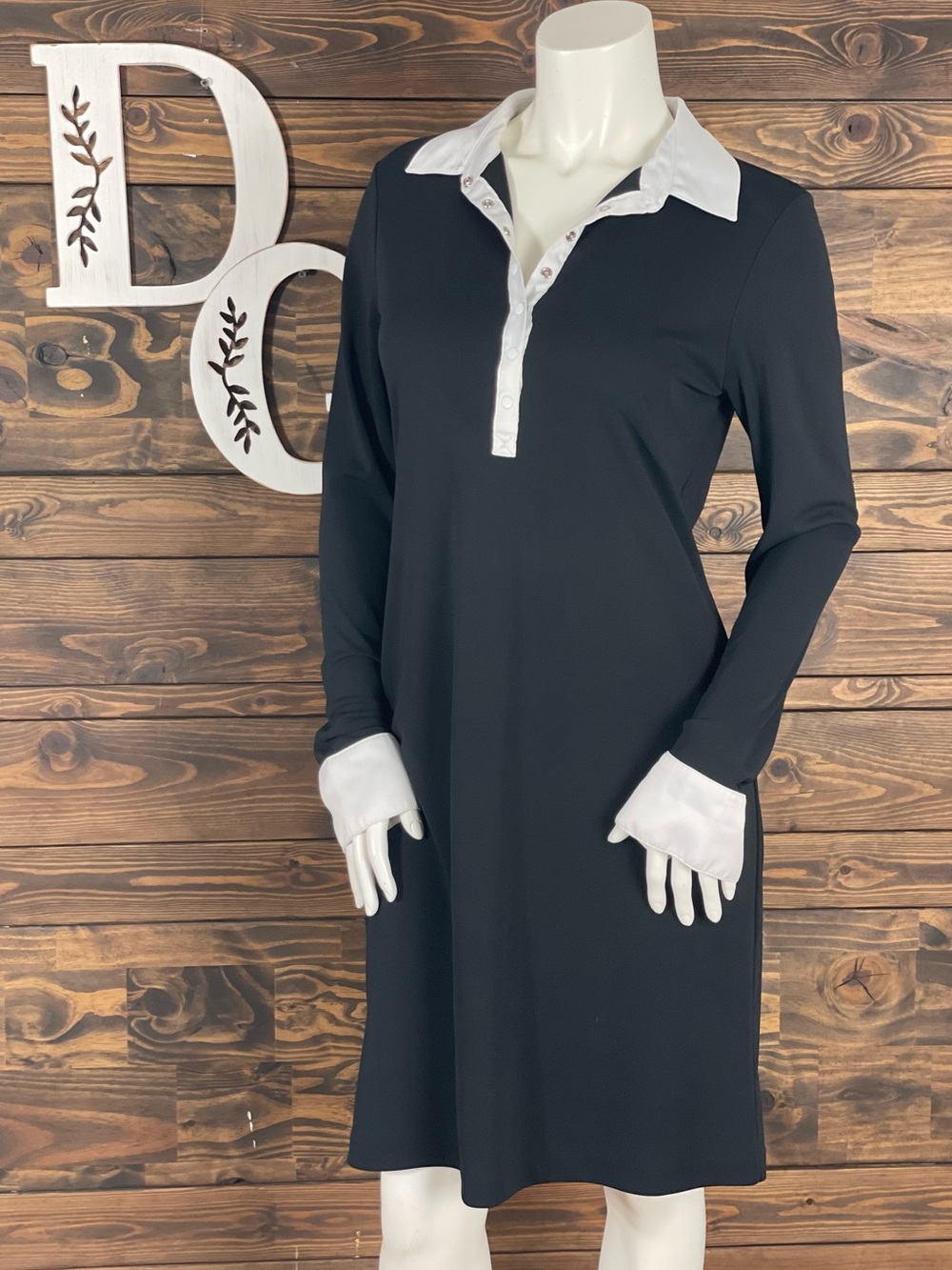 Kenneth Cole | Black Long-Sleeve Polo Dress with White Collar and Cuffs